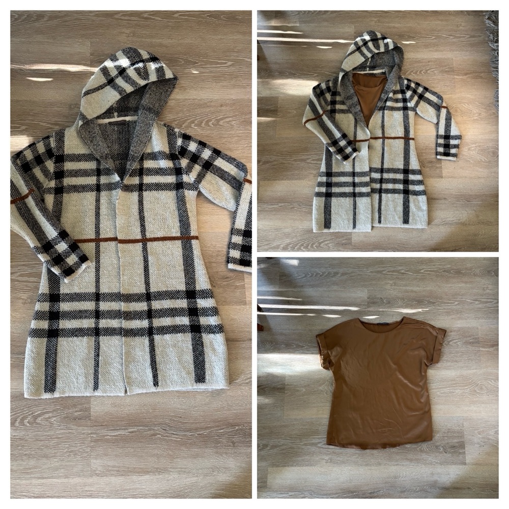 Suzy Shier Black and Cream Knit Hooded Cardigan & Rolled Sleeve T-Shirt